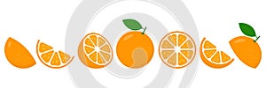 Orange fresh slices set. Cut Oranges fruit slice for lemonade
