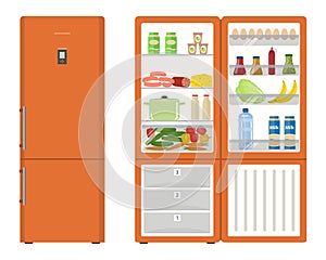 Orange fridge with open doors, a full of food