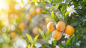 Orange Fruit Cluster with Blossoms in Sunlight