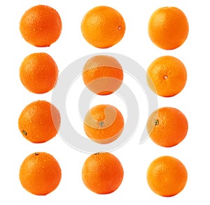 Orange fruit covered with the multiple water drops, isolated over the white background, set of different foreshortenings photo