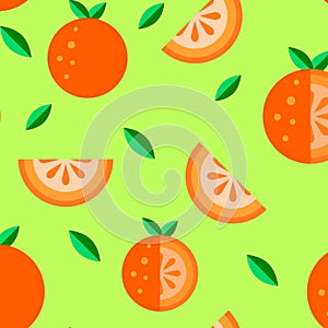 Orange fruit flat icons Seamless Pattern set green background. Cartoon summer food cute kawaii style. Funny doodle illustration. W