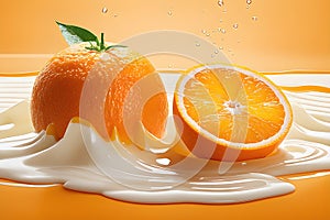 Orange fruit Floating in milk, yoghurt, sour cream, Splash