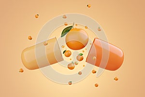 Orange fruit floating out from Vitamin C supplement capsule