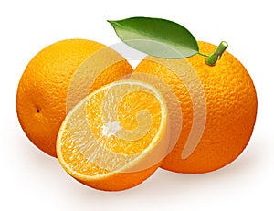 Orange fruit with green leaf next to lying and half