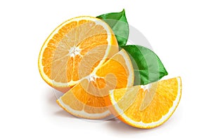 Orange fruit half with leaves isolated on white background