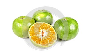 Orange fruit half and two segments isolated on white background