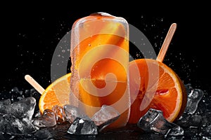 Orange fruit ice, refreshing fruity icecream on black background, AI Generated