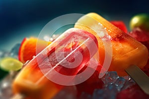 Orange fruit ice, refreshing fruity icecream on black background, AI Generated