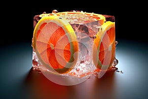 Orange fruit ice, refreshing fruity icecream on black background, AI Generated