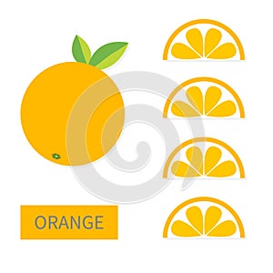 Orange fruit icon set. Slice in a row. Cut half. Healthy lifestyle food. Flat lay design. Pastel bright color. Top air view. White