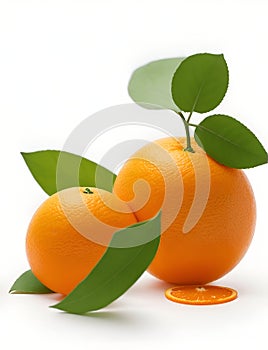 Orange fruit isolate Orange citrus with drops on white background. Whole wet orange fruit with leaves.