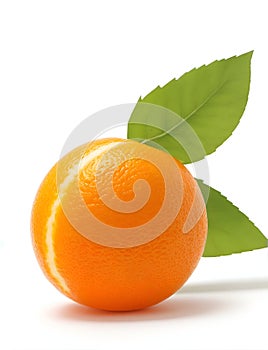 Orange fruit isolate Orange citrus with drops on white background. Whole wet orange fruit with leaves.