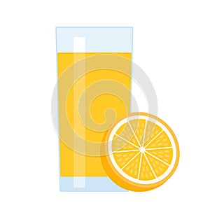 Orange fruit juice in glass and half orange. Fresh citrus fruit drink with vitamins. Vector illustration isolated on