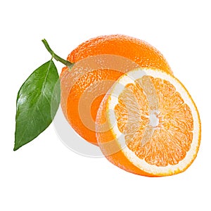 Orange fruit with leaf isolated on white