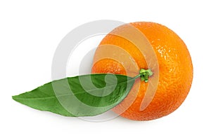 Orange fruit with leaf isolated on white background. Top view. Flat lay.