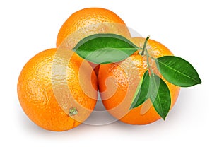 Orange fruit with leaves isolated on white background + clipping