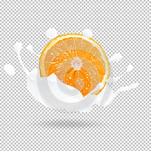 Orange fruit in a milk splas. 3d vector realistic illustration photo