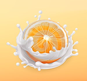 Orange fruit and milk splash. Fruit and yogurt. 3d vector icon
