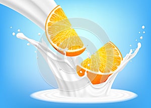 Orange fruit in milk or yoghurt splash. Fresh orange slices falls into the milk. An element for your packaging design. Realistic