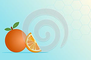 An orange fruit and orange slice on blue background with honeycomb pattern. Vector illustration