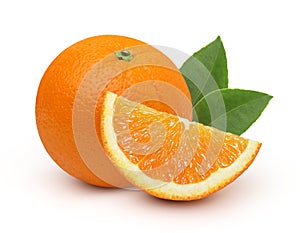 Orange fruit with orange slices and leaves isolated on the white background