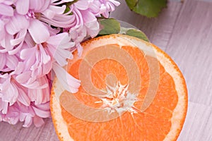 Orange fruit and pink blossom flower