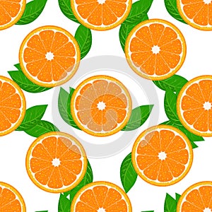 Orange fruit seamless with leaf. High detailed sliced oranges. Flat color Vector Illustration.