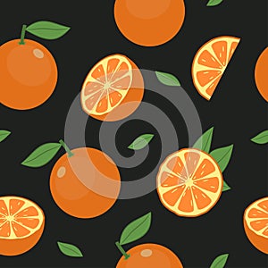 Orange fruit seamless pattern. Fresh citrus with leaf background. Vector.
