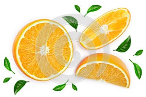 Orange fruit slice isolated on white background. Top view. Flat lay