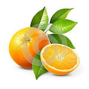 Orange fruit with sliced cut in half and green leaves isolated on white background