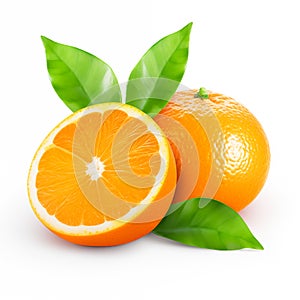 Orange fruit with sliced cut in half and green leaves isolated on white background