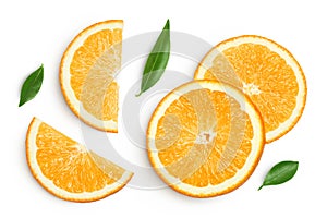 Orange fruit slices isolated on white background. Top view. Flat lay.