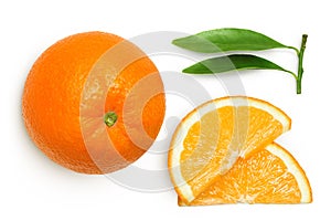 Orange fruit with slices isolated on white background. Top view. Flat lay.