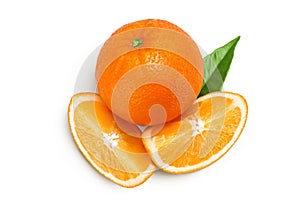 Orange fruit with slices isolated on white background. Top view. Flat lay.