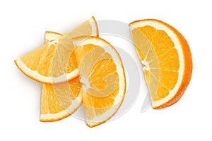 Orange fruit slices isolated on white background. Top view. Flat lay.