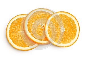 Orange fruit slices isolated on white background. Top view. Flat lay.