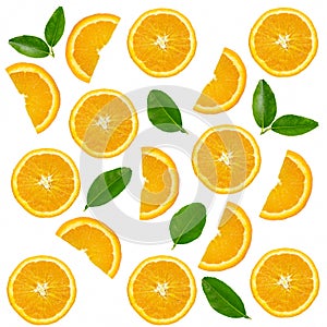 Orange fruit slices with leaves pattern on white background