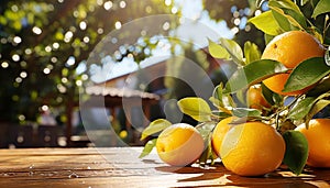 Orange fruit on table near garden background. Closeup citrus fruits on wood garden desktop. Organic oranges food with vitamins and