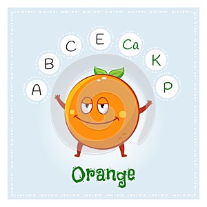 Orange fruit vitamins and minerals. Funny fruit character. Healthy food illustration