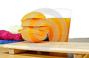 Orange fruite and orange juice on wood table