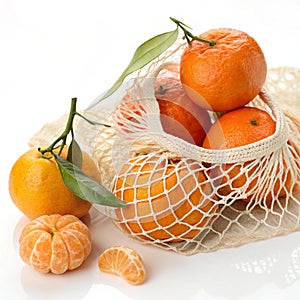 Orange fruits in a net bag realistic illustration photo