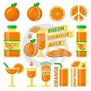 Orange fuit and fresh juice flat vector elements