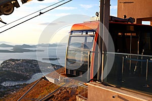 Orange funicular and panorama of Dubrovnik