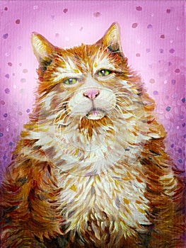 Orange furry cat with green eyes acrylic painting