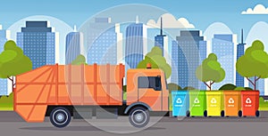 Orange garbage truck urban sanitary vehicle loading recycling bins segregate waste sorting management concept modern