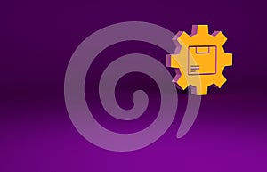 Orange Gear wheel with package box icon isolated on purple background. Box, package, parcel sign. Delivery and packaging