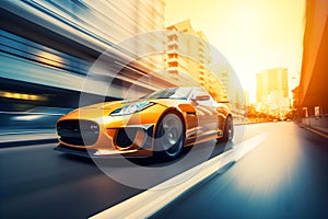 An orange generic and unbranded sport car running in a modern city at sunset, ai generative illustration