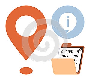 Geolocation Marker, Information Icon, and Binary Data in a Folder for Navigation and Data Concepts