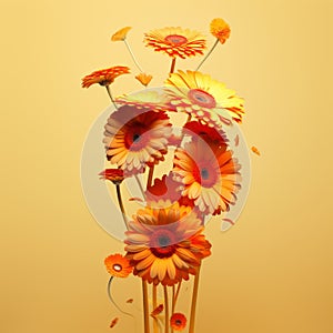 Orange gerbera flowers on a yellow background. 3d render