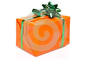 Orange gift box with a green bow
